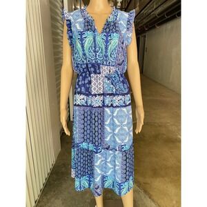 SUNNY LEIGH Women's Blue Paisley Print Ruffle Sleeve Midi Dress Size M